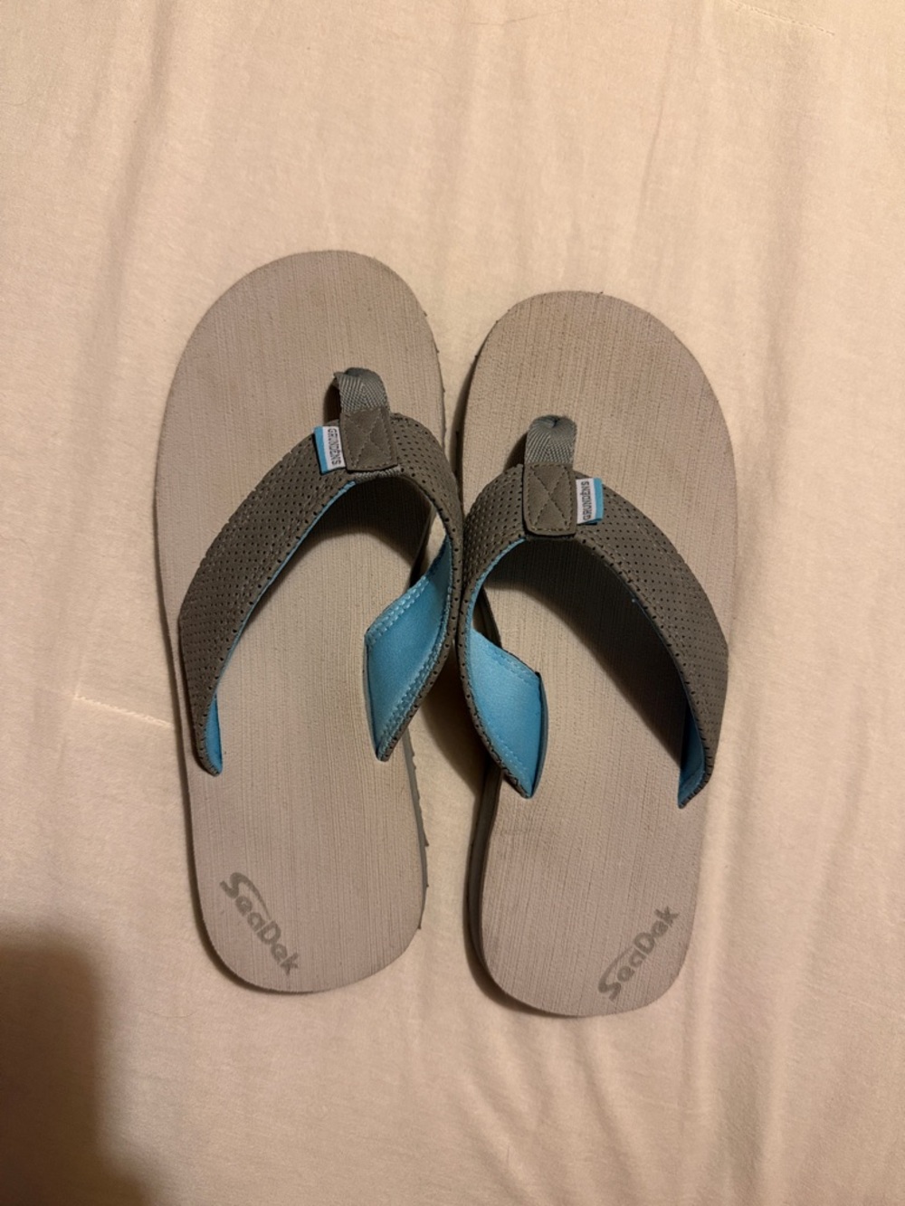Grundens SeaDek Gray and Light Blue Flip Flops